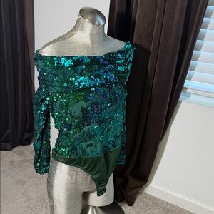 Green Sequin Off-Shoulder Top